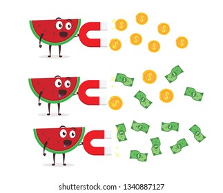 Kawaii vector illustration character cartoon cute watermelon mascot attracting coin gold and green money dollar with red large magnet in white background modern flat design brand