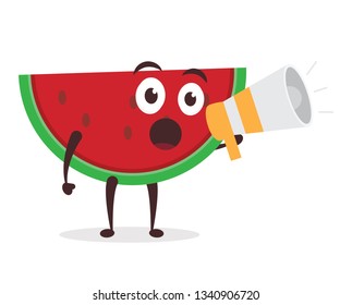 Kawaii vector illustration character cartoon cute watermelon mascot holding and shouting through loud speaker in white background modern flat design brand