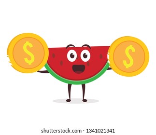 Kawaii vector illustration character cartoon cute watermelon mascot holding and standing golden dollar coin in white background modern flat design brand