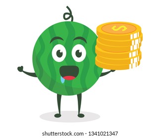 Kawaii vector illustration character cartoon cute watermelon mascot holding and standing golden dollar coin in white background modern flat design brand
