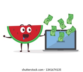 Kawaii vector illustration character cartoon cute watermelon mascot holding monitor pc laptop stretches a dollar money and golden coin in white background modern flat design brand