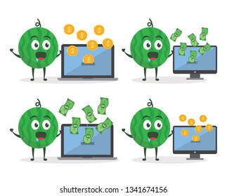 Kawaii vector illustration character cartoon cute watermelon mascot holding monitor pc laptop stretches a dollar money and golden coin in white background modern flat design brand