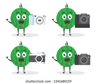 Kawaii vector illustration character cartoon cute watermelon mascot holding camera dslr, pocket digital mirrorless with trolley market shopping cart in white background modern flat design brand