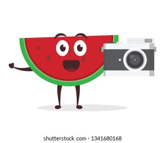 Kawaii vector illustration character cartoon cute watermelon mascot holding camera dslr, pocket digital mirrorless with trolley market shopping cart in white background modern flat design brand
