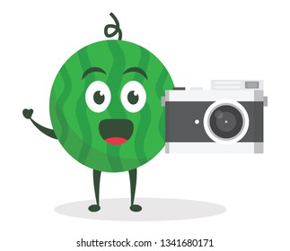 Kawaii vector illustration character cartoon cute watermelon mascot holding camera dslr, pocket digital mirrorless with trolley market shopping cart in white background modern flat design brand