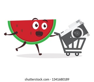 Kawaii vector illustration character cartoon cute watermelon mascot holding camera dslr, pocket digital mirrorless with trolley market shopping cart in white background modern flat design brand