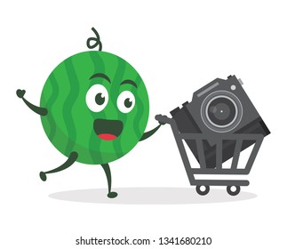 Kawaii vector illustration character cartoon cute watermelon mascot holding camera dslr, pocket digital mirrorless with trolley market shopping cart in white background modern flat design brand