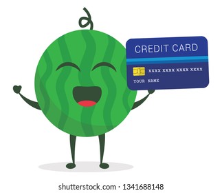 Kawaii vector illustration character cartoon cute watermelon mascot holding  atm credit card with trolley market shopping cart in white background modern flat design brand