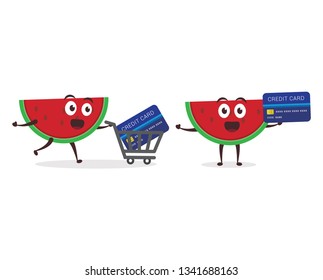 Kawaii vector illustration character cartoon cute watermelon mascot holding  atm credit card with trolley market shopping cart in white background modern flat design brand