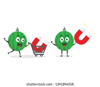 Kawaii vector illustration character cartoon cute watermelon mascot holding and attracting red large magnet with trolley market shopping cart in white background modern flat design brand