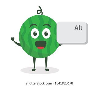 Kawaii vector illustration character cartoon cute watermelon mascot holding alt keyboard button to press in white background modern flat design brand