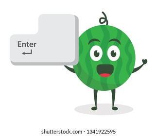 Kawaii Vector Illustration Character Cartoon Cute Watermelon Mascot Holding Enter Keyboard Button To Press In White Background Modern Flat Design Brand