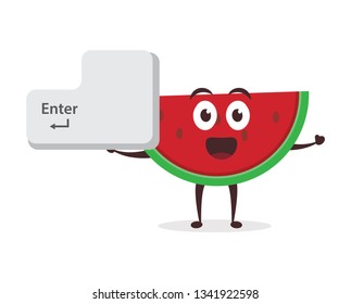 Kawaii vector illustration character cartoon cute watermelon mascot holding enter keyboard button to press in white background modern flat design brand