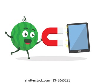 Kawaii vector illustration character cartoon cute watermelon mascot holding large red magnet attracting monitor, pc, laptop, smartphone blank screen in white background modern flat design brand