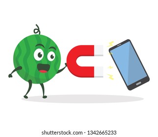 Kawaii vector illustration character cartoon cute watermelon mascot holding large red magnet attracting monitor, pc, laptop, smartphone blank screen in white background modern flat design brand