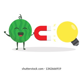Kawaii vector illustration character cartoon cute watermelon mascot holding red large magnet attracting idea lightbulb lamp success in white background modern flat design brand