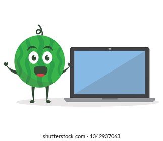 Kawaii vector illustration character cartoon cute watermelon mascot holding screen laptop or notebook in white background modern flat design brand