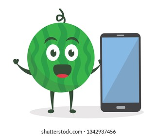 Kawaii vector illustration character cartoon cute watermelon mascot holding screen mobile smartphone in white background modern flat design brand