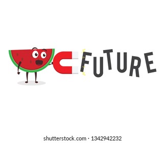 Kawaii vector illustration character cartoon cute watermelon mascot holding text future in white background modern flat design brand