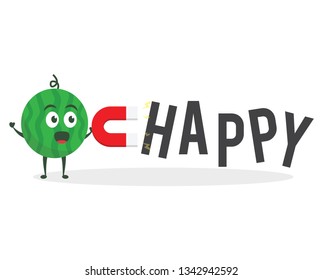 Kawaii vector illustration character cartoon cute watermelon mascot holding text happy in white background modern flat design brand