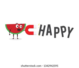 Kawaii vector illustration character cartoon cute watermelon mascot holding text happy in white background modern flat design brand