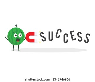 Kawaii vector illustration character cartoon cute watermelon mascot holding text success in white background modern flat design brand