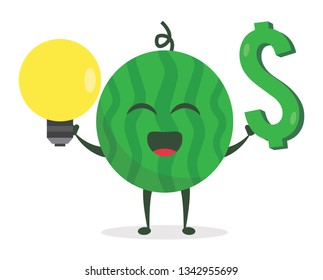 Kawaii vector illustration character cartoon cute watermelon mascot holding lightbulb idea and dollar money icon success business in white background modern flat design brand