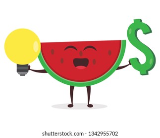 Kawaii vector illustration character cartoon cute watermelon mascot holding lightbulb idea and dollar money icon success business in white background modern flat design brand