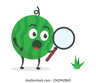 Kawaii vector illustration character cartoon cute watermelon mascot holding magnifying glass for search success business in white background modern flat design brand