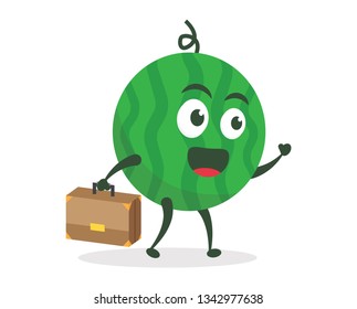 Kawaii vector illustration character cartoon cute watermelon mascot holding walking with phone calling and suitcase success business work in white background modern flat design brand