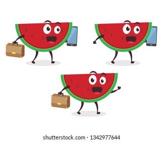 Kawaii vector illustration character cartoon cute watermelon mascot holding walking with phone calling and suitcase success business work in white background modern flat design brand