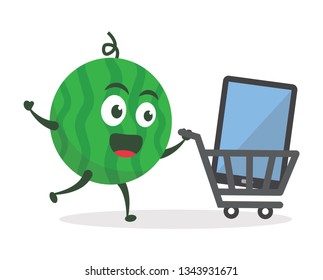 Kawaii vector illustration character cartoon cute watermelon mascot holding holding mobile smartphone, monitor, laptop or notebook, tablet phone with trolley market shopping cart modern flat design