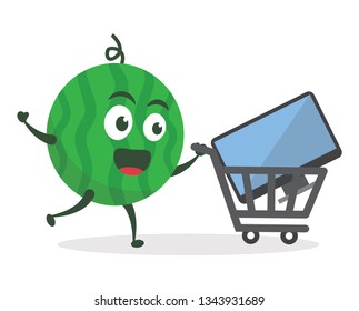 Kawaii vector illustration character cartoon cute watermelon mascot holding holding mobile smartphone, monitor, laptop or notebook, tablet phone with trolley market shopping cart modern flat design