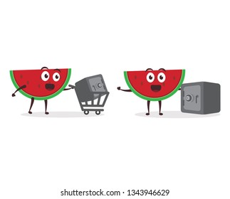 Kawaii vector illustration character cartoon cute watermelon mascot holdingC for money with trolley market shopping cart in white background modern flat design brand