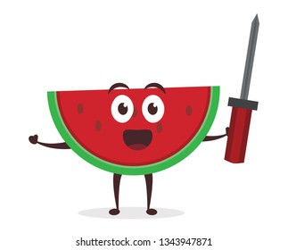 Kawaii vector illustration character cartoon cute watermelon mascot holding screwdriver for service repair with trolley market shopping cart in white background modern flat design brand