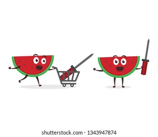Kawaii vector illustration character cartoon cute watermelon mascot holding screwdriver for service repair with trolley market shopping cart in white background modern flat design brand