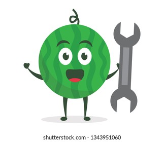 Kawaii vector illustration character cartoon cute watermelon mascot holding wrench for service repair with trolley market shopping cart in white background modern flat design brand