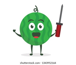 Kawaii vector illustration character cartoon cute watermelon mascot holding screwdriver for service repair with trolley market shopping cart in white background modern flat design brand