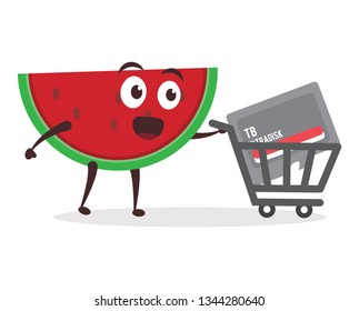 Kawaii vector illustration character cartoon cute watermelon mascot holding micro sd card memory with trolley market shopping cart in white background modern flat design brand
