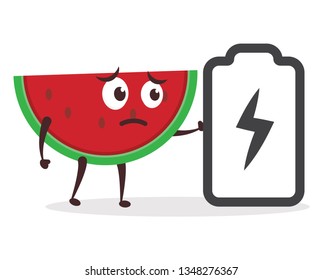 Kawaii vector illustration character cartoon cute watermelon mascot holding battery smartphone infographic charging empy discharged black icon level indicator in white background modern flat design