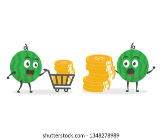 Kawaii vector illustration character cartoon cute watermelon mascot holding green money and gold coin dollar with trolley market shopping cart in white background modern flat design brand