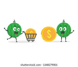 Kawaii vector illustration character cartoon cute watermelon mascot holding green money and gold coin dollar with trolley market shopping cart in white background modern flat design brand