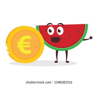 Kawaii vector illustration character cartoon cute watermelon mascot holding euro gold coin icon with trolley market shopping cart in white background modern flat design brand