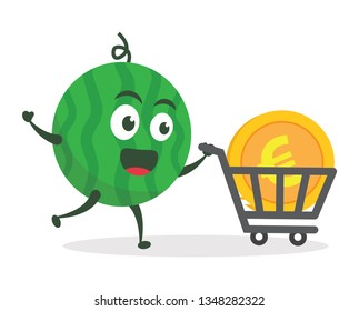 Kawaii vector illustration character cartoon cute watermelon mascot holding euro gold coin icon with trolley market shopping cart in white background modern flat design brand