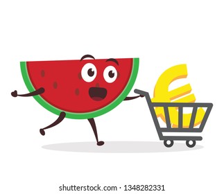 Kawaii vector illustration character cartoon cute watermelon mascot holding euro gold coin icon with trolley market shopping cart in white background modern flat design brand