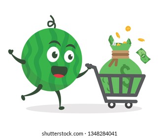 Kawaii vector illustration character cartoon cute watermelon mascot holding green money bag and gold coin dollar icon with trolley market shopping cart in white background modern flat design brand