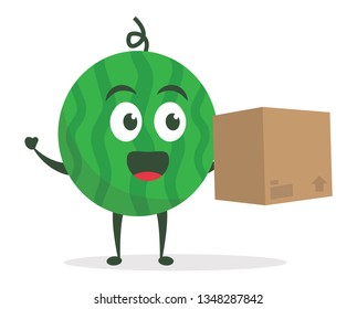 Kawaii vector illustration character cartoon cute watermelon mascot holding carboard box for delivery packages with trolley market shopping cart in white background modern flat design brand