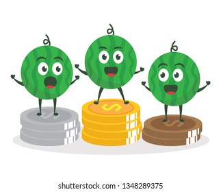Kawaii vector illustration character cartoon cute watermelon mascot happy standing on pile coin winner success business in white background modern flat design brand