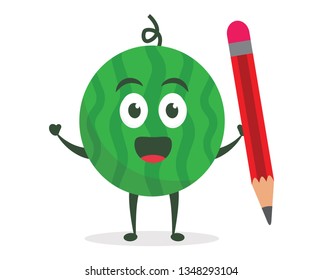 Kawaii vector illustration character cartoon cute watermelon mascot holding pencil for write and pen with trolley market shopping cart in white background modern flat design brand