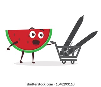 Kawaii vector illustration character cartoon cute watermelon mascot holding pencil for write and pen with trolley market shopping cart in white background modern flat design brand